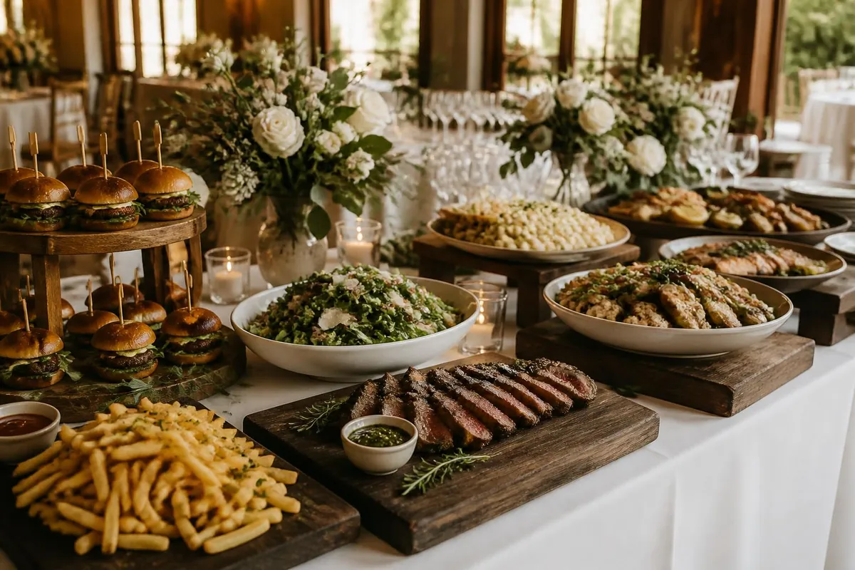 Brunch and event catering spread with sandwiches, salads, entrees, and floral displays